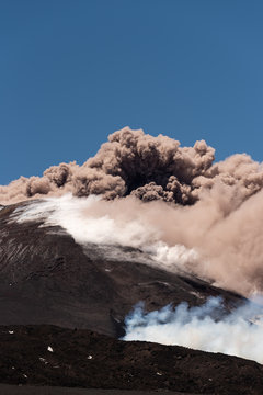 Mount Etna Volcano Erupts, Volcanic Ash Clouds & Steam Eruption. Catania, Sicily, May 2019