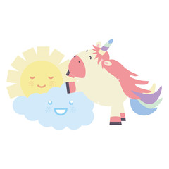 cute adorable unicorn with clouds and sun kawaii characters