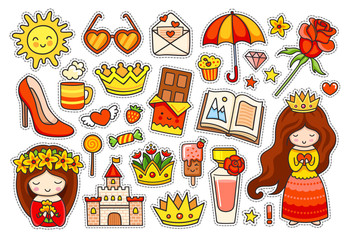 Summer colorful stickers. Set of badges, patches and pins. Little princess, umbrella, rose, chocolate, heart sunglasses and golden crown. Vector illustration.