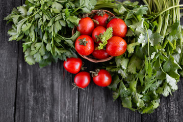 fresh and ripe red tomatoes, water drops on them. There is a place under the text
