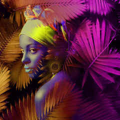 African black young woman  portrait with turban neon colors composite photo