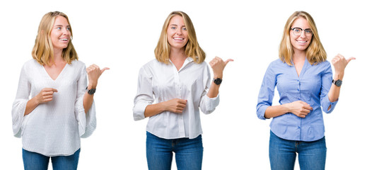 Collage of beautiful blonde business woman over white isolated background smiling with happy face looking and pointing to the side with thumb up.