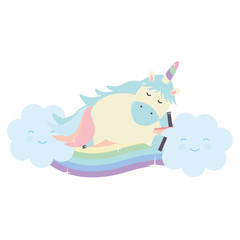 Obraz na płótnie Canvas cute unicorn with clouds and rainbow kawaii characters