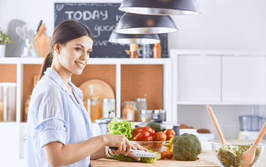 Obraz na płótnie Canvas A young woman prepares food in the kitchen. Healthy food - vegetable salad. Diet. The concept of diet. Healthy lifestyle. Cook at home. Cook