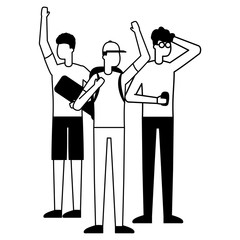 group men with skateboard smartphone and bag