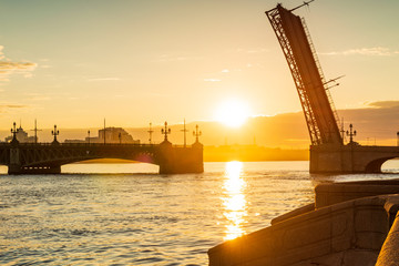 St. Petersburg beautiful cityscape at sunrise. Trinity Bridge in the rays of dawn.