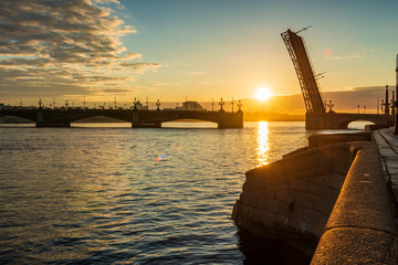 St. Petersburg beautiful cityscape at sunrise. Trinity Bridge in the rays of dawn.