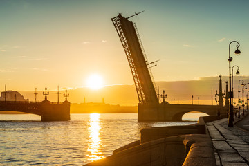 St. Petersburg beautiful cityscape at sunrise. Trinity Bridge in the rays of dawn.