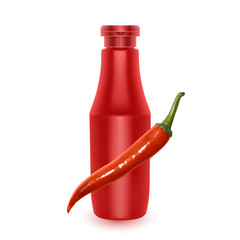 Bottle of Chili and Tomato Ketchup Sauce, Spicy red sauce with chilli. Vector realistic illustration isolated on white background.