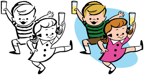 Naklejka premium A pair of happy excited children with cups of lemonade. 