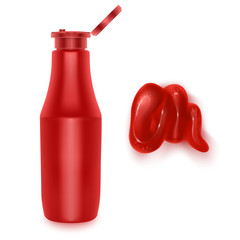 Realistic vector elements tomato sauce, splash of tomato juice, ketchup bottle, squeezed out sauce on white background Vector EPS 10 illustration