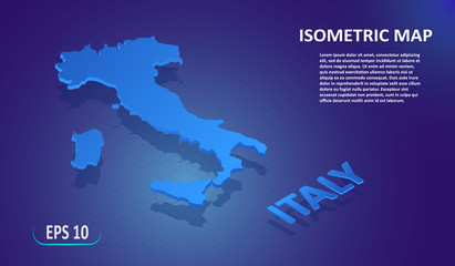 Isometric map of the ITALY. Stylized flat map of the country on blue background. Modern isometric 3d location map with place for text or description. 3D concept for infographic. EPS 10