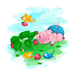Piglet in blue shorts and his bird friends found strawberries. Vector cartoon character. Summer fun illustration.