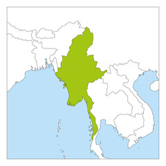 Map of Myanmar green highlighted with neighbor countries