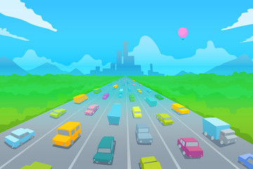 Highway on the background of the modern city in the distance. Colored cars on the big road.