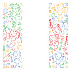 creative kids dancing, sing, playing football, playing guitar, violin, making models from paper. Colorful drawing on white blackboard.