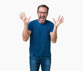 Handsome middle age hoary senior man wearin glasses over isolated background celebrating crazy and amazed for success with arms raised and open eyes screaming excited. Winner concept