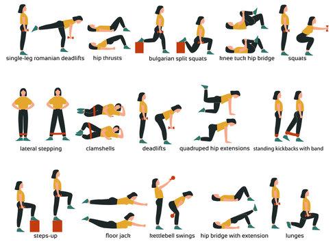 Set of glute exercises and workouts. Flat vector illustration. Glute exercises with titles or names. Woman doing glute  exercises