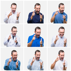 Fototapeta premium Collage of senior hoary elegant man over white isolated background pointing fingers to camera with happy and funny face. Good energy and vibes.