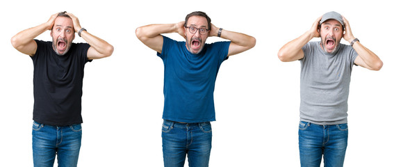 Collage of handsome senior man over white isolated background Crazy and scared with hands on head, afraid and surprised of shock with open mouth