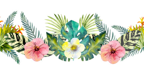 Tropical leaves . Repetition of summer horizontal border. Floral watercolor. Watercolor compositions for the design of greeting cards or invitations. Illustration