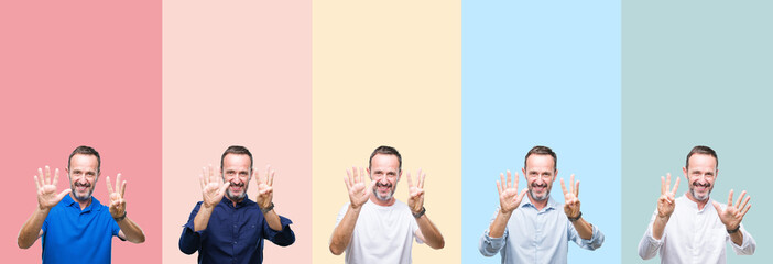 Collage of senior hoary handsome man over colorful stripes isolated background showing and pointing up with fingers number eight while smiling confident and happy.