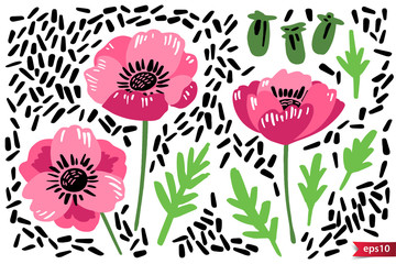 Vector collection of hand drawn plants. Botanical set of colorful doodle style flowers, leaves and branches. Pink anemon elements set for design.