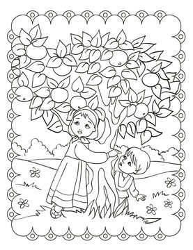 Coloring Book Of Sister And Brother With Apple Tree
