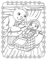Coloring Book Of Girl And Bear Eat Pies