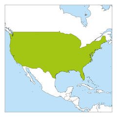 Map of United States of America, USA, green highlighted with neighbor countries
