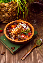 Meat stew with vegetables, tomatoes.