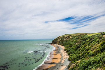 Fototapeta na wymiar Sea Coast Beach New Zealand Landscape, Green Hills With Cliffs On Coastal Landscape Background