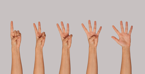 many hands up and showing figures 