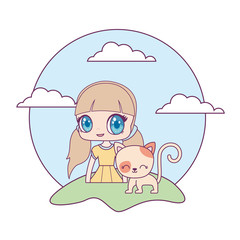 cute little doll with cat animal in landscape