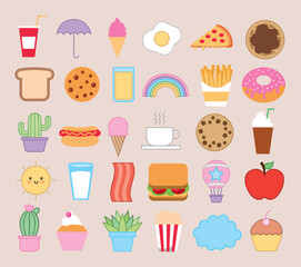bundle of emojis bakery and fast food kawaii characters