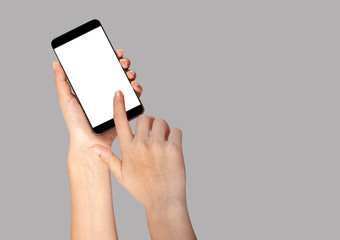hands holding a smart phon and showing empty screen