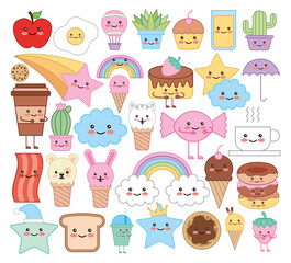 bundle of emojis animals and food kawaii characters