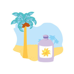 solar blocker bottle in the beach with tree palm