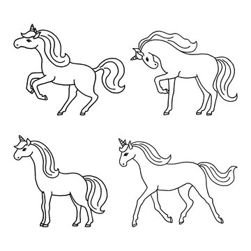 Set of cute hand drawn unicorns isolated on white background.