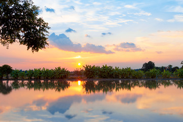 Fototapeta na wymiar A nature lake with beautiful sunset reflection , ruction of sunset in lake 