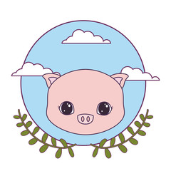 head of cute piggy in frame circular with crown of leafs