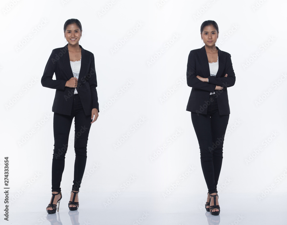 Wall mural full length snap figure, asian business woman stand in black formal proper suit pants and shoes, stu