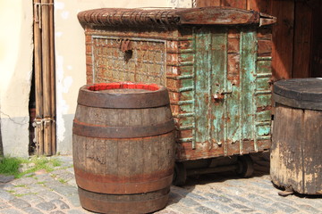 Medieval coffer and barrel