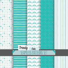 Set of white and blue dotted, stripes and chevron seamless patterns