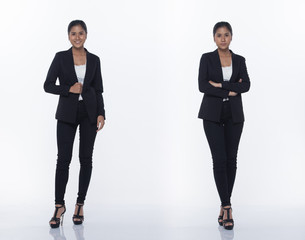 Fototapeta premium Full Length Snap Figure, Asian Business Woman Stand in black Formal proper Suit pants and shoes, studio lighting white background isolated, Lawyer Boss act posing smile smart look walking high heels