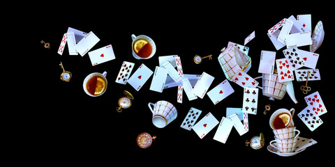 Wonderland background. Mad tea party.Playing cards, pocket watch, key, cup and teapot falling down...