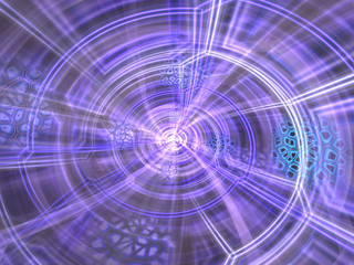 Fototapeta premium Abstract Purple Spiral Background Image, Illustration - Infinite repeating spiral, color vortex. Recursive symmetrical patterns of colorful warped shapes, burst of brilliant light