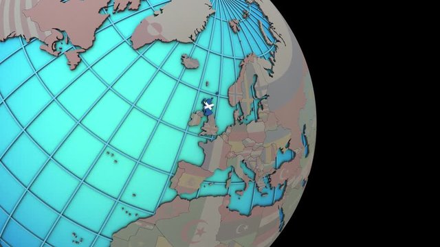 Zooming to Scotland with national flag on simple political globe. 3D illustration.