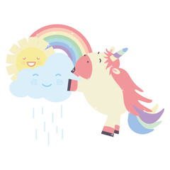 cute unicorn in rainbow with clouds and sun kawaii characters