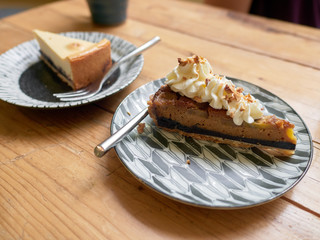 two pieces of cake on two plates with broken mirror symmetry